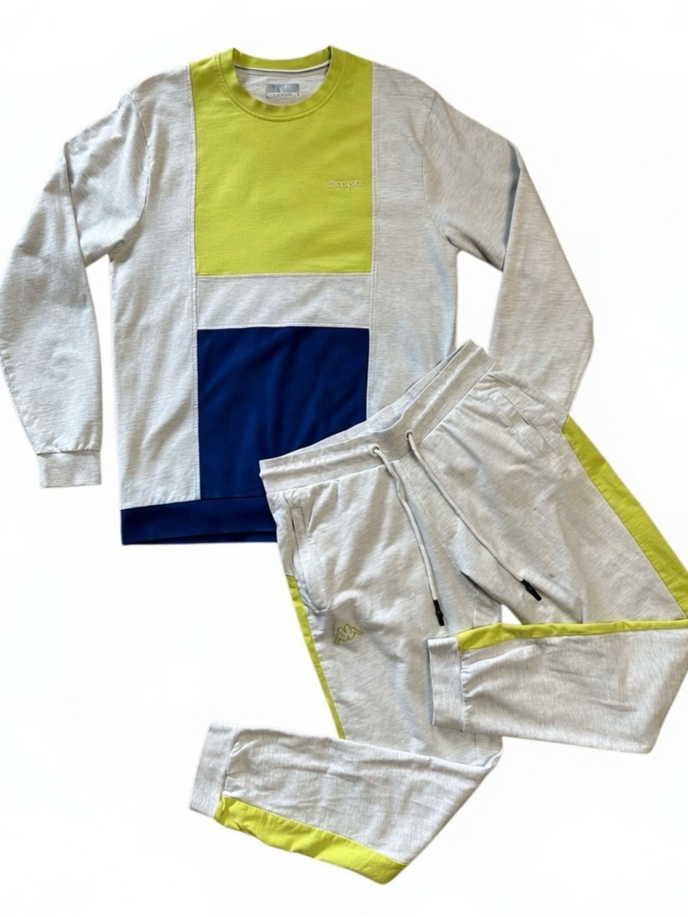 Kappa Colorblock Tracksuit Set Mens Size L Gray Lime Navy Crewneck Joggers